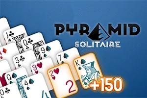 Kartat e letrës janë të renditura në një formë piramide me shifra si 9, J, 5 dhe 2, shoqëruar me tekstin PYRAMID SOLITAIRE dhe një shënim që tregon +150