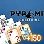 Kartat e letrës janë të renditura në një formë piramide me shifra si 9, J, 5 dhe 2, shoqëruar me tekstin PYRAMID SOLITAIRE dhe një shënim që tregon +150