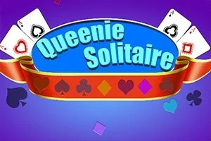 Titulli qëndror Queenie Solitaire në një sfond të purpurt me simbole letrash dhe një kurorë të kuqe