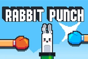 Dy doreza boksi me ngjyra të ndryshme godasin një lepur pixel në sfond blu me tekstin Rabbit Punch lart