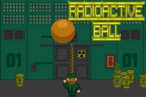 Një person me uniformë ushtarake qëndron përballë një sfere të madhe portokalli dhe enëve të verdha me shenjën e rrezikut radioaktiv në një mjedis industrial