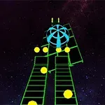 Sfera blu që rrotullohet mbi një rrugë drejtëkëndëshe me neon jeshil dhe topa të verdhë në sfond hapësinor