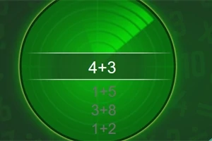 Ekran i gjelbër me ekuacione matematikore si 4+3 dhe një efekt radar që skanon