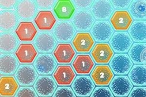 Hexagone me numra ngjyrë të ndryshme mbi një sfond të kaltër