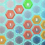 Hexagone me numra ngjyrë të ndryshme mbi një sfond të kaltër