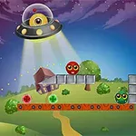UFO që ndriçon një skenë me një top dhe krijesa rrethore me sy në një peizazh kodrinor nate