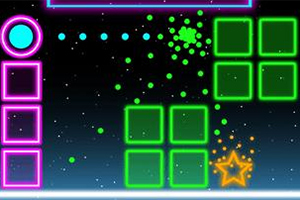 Një sferë me ngjyrë blu në të majtë dhe katrorë të gjelbër me konture neon në të djathtë, me një yll portokalli dhe sfond të errët yjësor