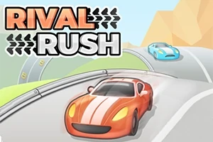 Një makinë sportive portokalli garon në një rrugë malore me një makinë blu në sfond, ndërsa teksti Rival Rush shfaqet në krye