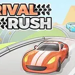 Një makinë sportive portokalli garon në një rrugë malore me një makinë blu në sfond, ndërsa teksti Rival Rush shfaqet në krye