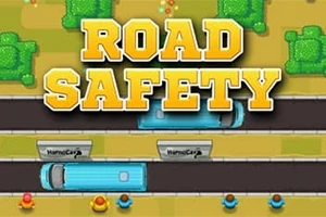 Fjalët ROAD SAFETY të shkruara me shkronja të mëdha në krye të një rruge me dy autobuzë dhe katër persona të vendosur poshtë, me pemë dhe hapësira jeshile në sfond