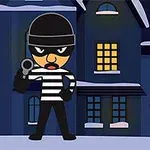 Një personazh i animuar i veshur si hajdut me beretë dhe triko me vija bardhë e zi që mban një shkop në dorë, qëndron para një ndërtese me dritare të ndriçuara gjatë natës