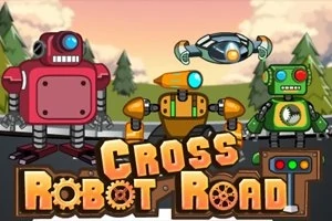 Robotë me ngjyra të ndryshme dhe një dron në një ambient natyror me grafikë vizatimore dhe titullin Cross Robot Road