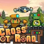 Robotë me ngjyra të ndryshme dhe një dron në një ambient natyror me grafikë vizatimore dhe titullin Cross Robot Road