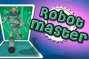 Robot futuristik me sy të kaltër në ekranin e kompjuterit, me tekstin Robot Master mbi një sfond shumëngjyrësh