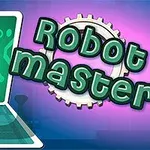 Robot futuristik me sy të kaltër në ekranin e kompjuterit, me tekstin Robot Master mbi një sfond shumëngjyrësh