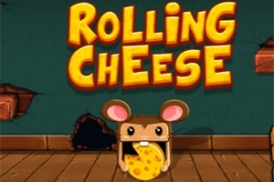 Një mi me sy të mëdhenj që mban një copë djathi të verdhë me vrima përpara një muri të gjelbër me logon Rolling Cheese
