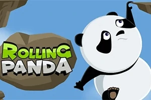 Një panda e ilustruar që varët nga një shkëmb në sfond të kaltër me tekstin Rolling Panda