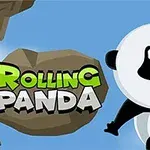 Një panda e ilustruar që varët nga një shkëmb në sfond të kaltër me tekstin Rolling Panda