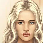 Një portret i një gruaje me flokë të gjatë dhe kaçurrela bionde, sy të kaltër, dhe buzë të plota, me një sfond të lehtë pastel