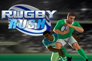 Një lojtar rugby në uniformë të gjelbër mban topin ndërsa një lojtar tjetër përpiqet ta ndalojë, me një skenë stadiumi dhe logon Rugby Rush pas tyre