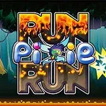 Karakter me krahë fluturon përpara mbi titullin Run Pixie Run me grafikë të ndezur dhe sfond pyjor