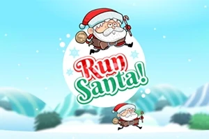 Një Santa Claus i animuar vrapon në një peizazh dëbore me mbishkrimin Run Santa!