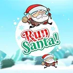 Një Santa Claus i animuar vrapon në një peizazh dëbore me mbishkrimin Run Santa!