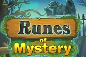 Një tabelë druri me shkrimin Runes of Mystery në një peizazh të errët me figura të gurta dhe pemë të zhveshura