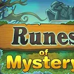 Një tabelë druri me shkrimin Runes of Mystery në një peizazh të errët me figura të gurta dhe pemë të zhveshura