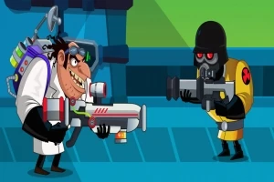 Një shkencëtar me pajisje teknologjike mban një armë futuristike duke qëndruar përballë një personi të veshur me maskë dhe uniformë të zezë dhe të verdhë, në një ambient të stilizuar laboratori
