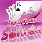 Katër letra bixhozi dhe një imazh i stilizuar i një ndërtese në sfond rozë me tekstin Russian Solitaire në plan të parë