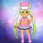 Një personazh i animuar me flokë jeshile dhe veshje roze qëndron në një sfond me yje dhe ngjyra pastel