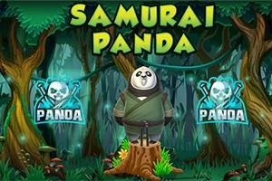 Panda veshur si samurai qëndron mbi një cung në një pyll, me dy simbole panda në prapavijë