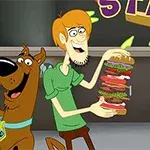 Dy personazhe vizatimorë mbajnë hamburgerë të mëdhenj dhe duken të lumtur