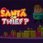Një skenë me Santa Klausi duke mbajtur një thes pranë dhuratave shumëngjyrëshe dhe dy figura fëmijësh në sfond