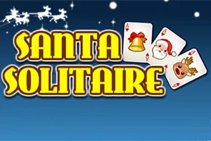 Teksti Santa Solitaire me letra bixhozi me simbole festive dhe siluetë të sajës së Santa Claus në sfond