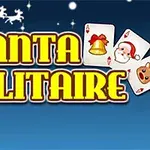 Teksti Santa Solitaire me letra bixhozi me simbole festive dhe siluetë të sajës së Santa Claus në sfond