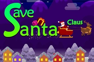 Teksti Save Santa Claus me figura dhuratash, Santa në sajë me drerë, dhe shtëpi të ndriçuara në sfond