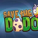 Tekst shumëngjyrësh Save the Dodos me një zog dodo karikaturë dhe vezë me pika përpara një sfondi blu