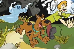 Një qen i frikësuar dhe një djalë me flokë të verdhë janë duke vrapuar nga një fantazmë në një rrugicë të mbuluar me bimë