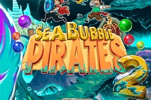 Grafikë me titullin Sea Bubble Pirates 2 me sfond deti dhe flluska shumëngjyrëshe