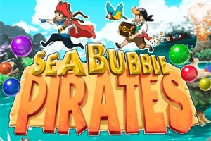 Dy piratë vrapojnë mbi një tabelë me shkronja të mëdha, me flluska shumëngjyrëshe dhe një papagall në sfond