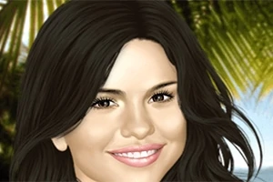 Një portret i një gruaje me flokë të gjatë të zinj dhe një buzëqeshje në sfond me palma