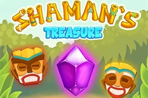 Kristali i purpurt është i vendosur midis dy maskave, me tekstin lart që thotë Shamans Treasure me sfond jeshil
