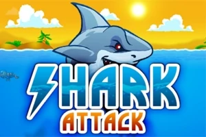 Një peshkaqen duket mbi sipërfaqen e detit me diellin që ndriçon qiellin dhe mbishkrimin Shark Attack poshtë