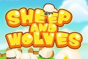 Teksti i titullit Sheep and Wolves në ngjyrë portokalli mbi një sfond me re dhe dele të bardha