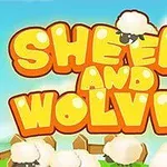 Teksti i titullit Sheep and Wolves në ngjyrë portokalli mbi një sfond me re dhe dele të bardha