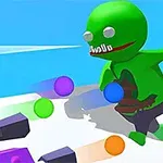 Një figurë jeshile me trup të thjeshtë dhe stil cartoon, që përballet me disa topa shumëngjyrësh dhe objekte të purpurta në një mjedis të ndriçuar