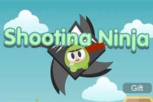 Një personazh ninja i vogël me sy të mëdhenj, mbi një sfond qielli me re dhe një tekst që thotë Shooting Ninja