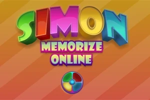 Ngjyra të ndritshme me tekst tredimensional SIMON MEMORIZE ONLINE mbi një sfond portokalli me një dizajn katror me katër ngjyra